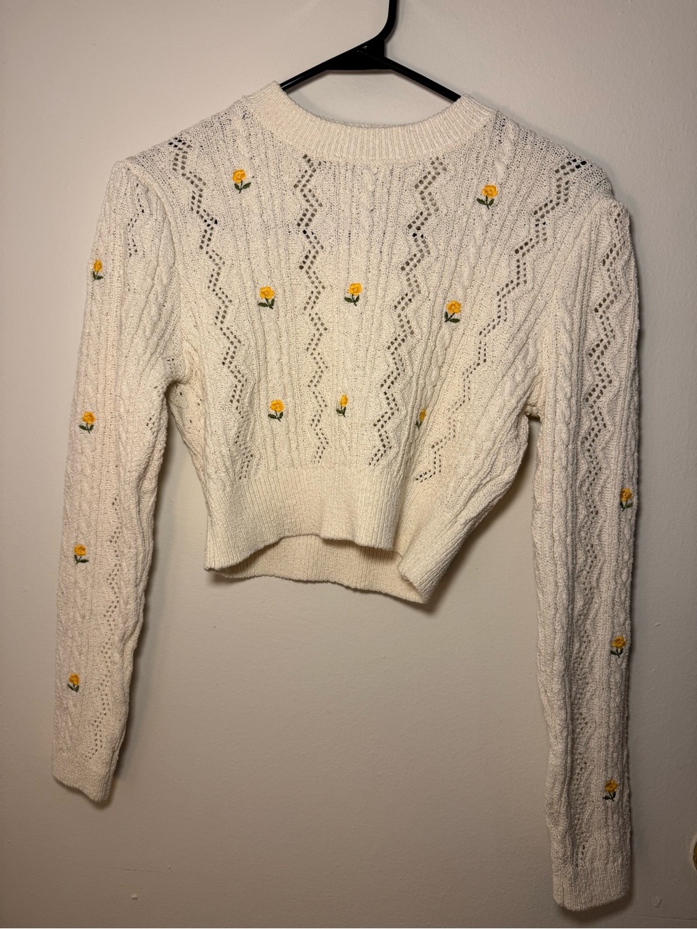 Zara Cream Knit Crewneck Sweater with Yellow Floral Embroidery